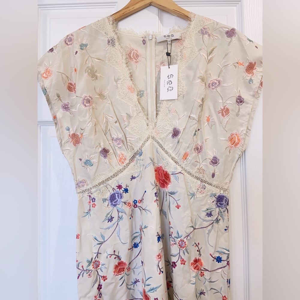 NWT Sea New York Priscilla Flower Embroidered V-Neck Short Sleeve Maxi Dress - Picture 11 of 13